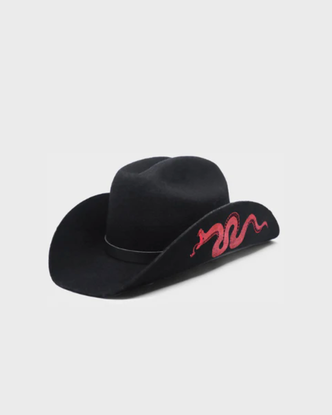 Black cowboy hat with a red snake design on a white background