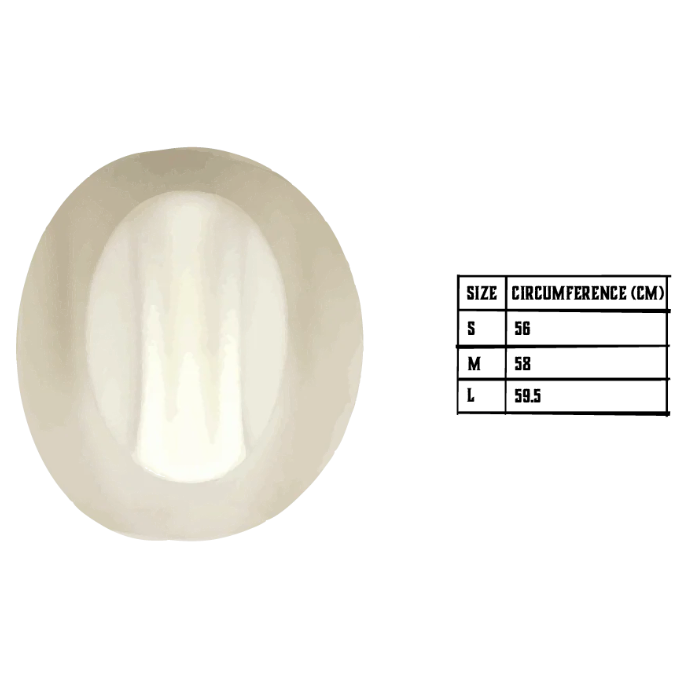White oval object with size chart on a white background