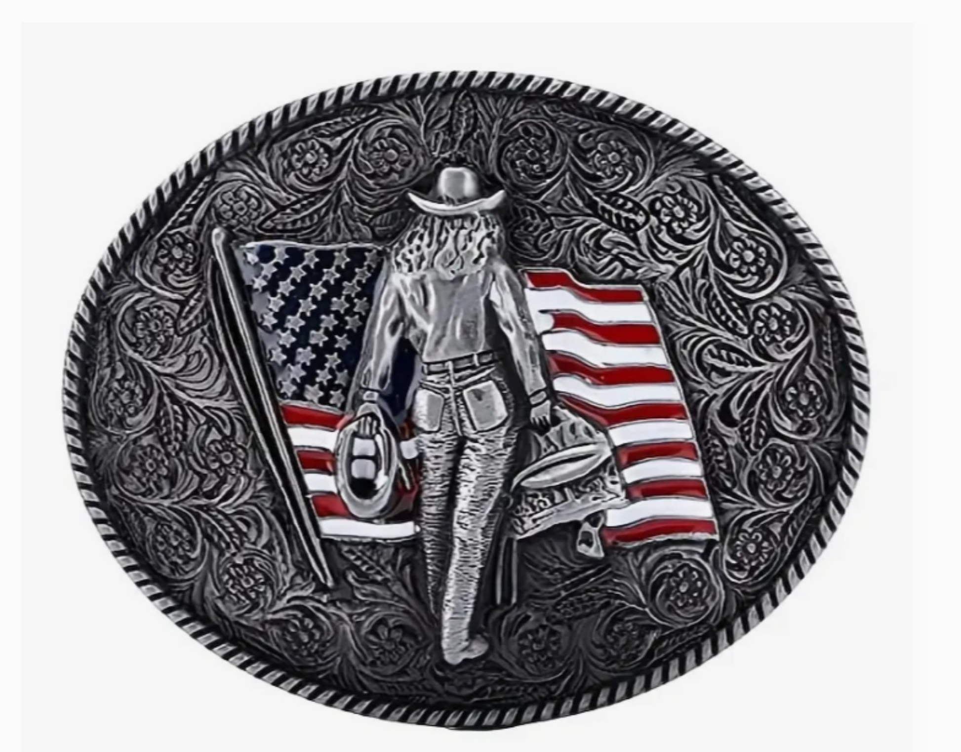 Belt buckle with a cowboy and American flag design on a white background