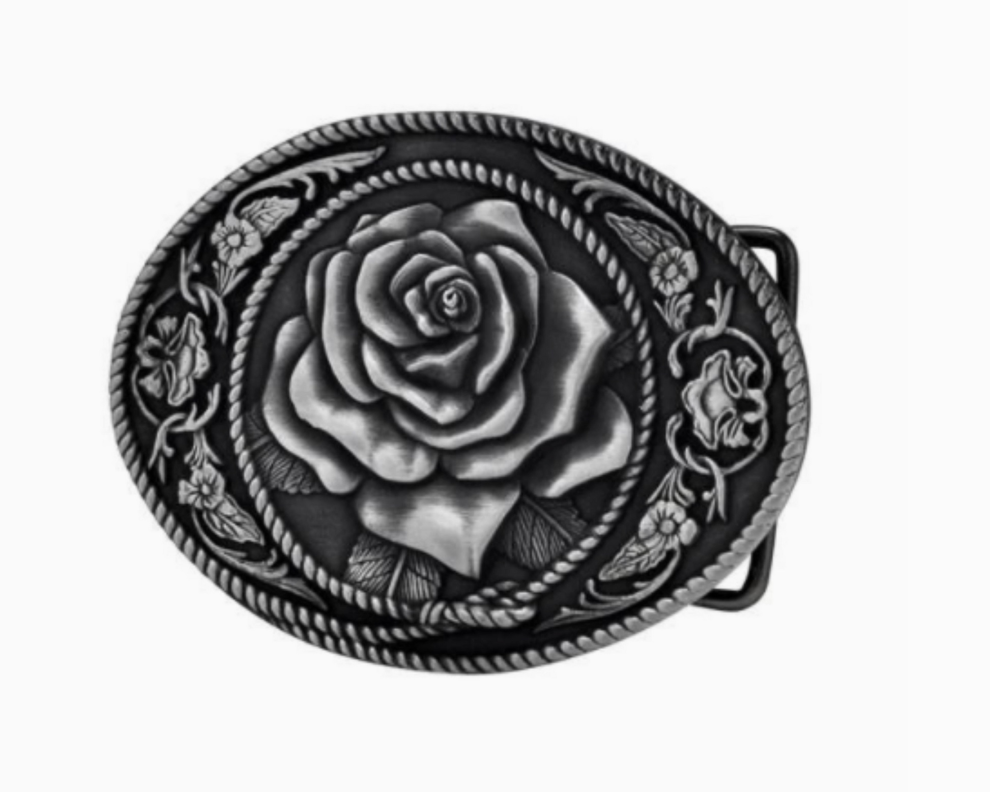Belt buckle with rose design on a white background
