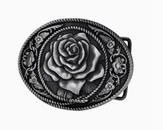 Belt buckle with rose design on a white background