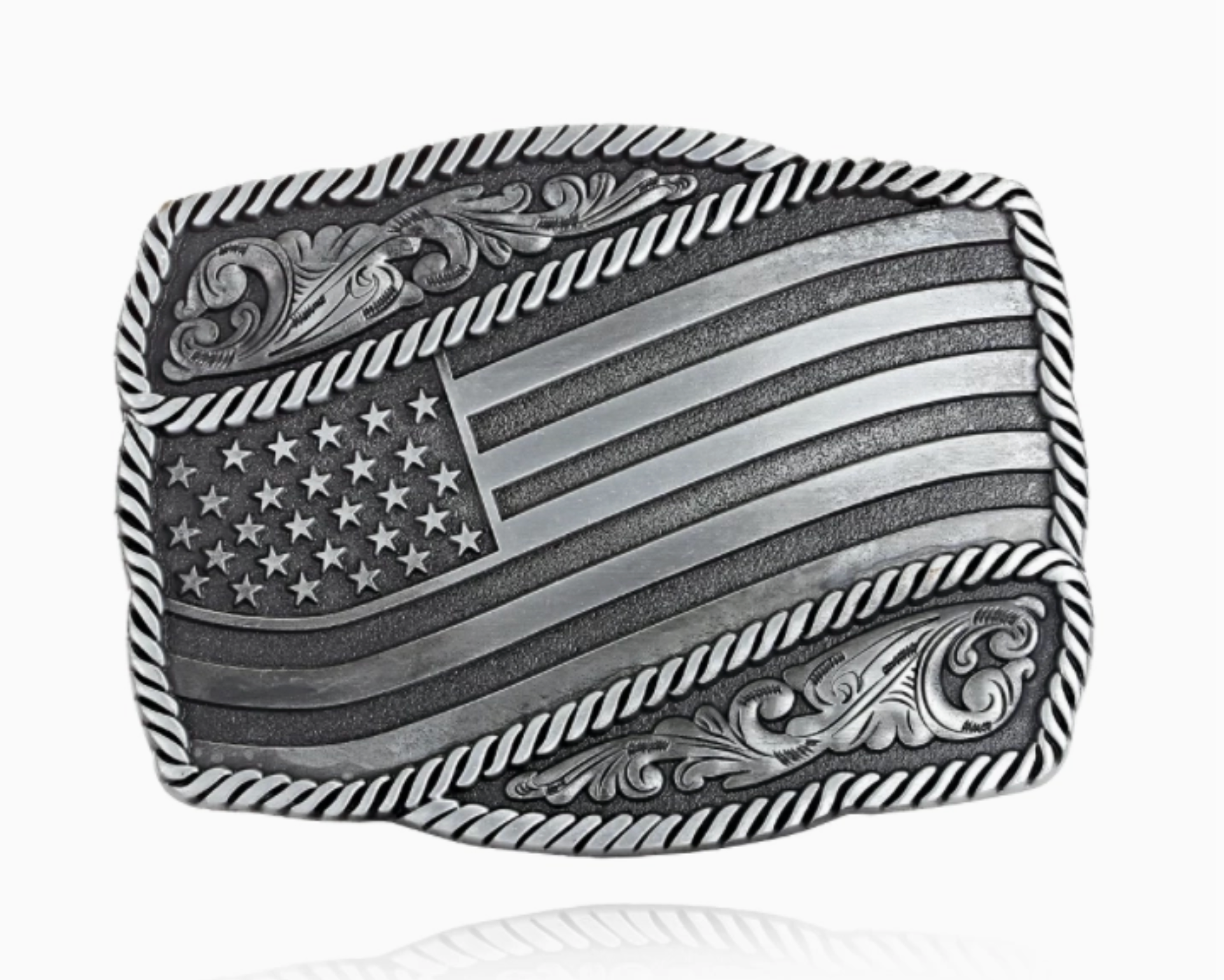 Belt buckle with American flag design on a white background