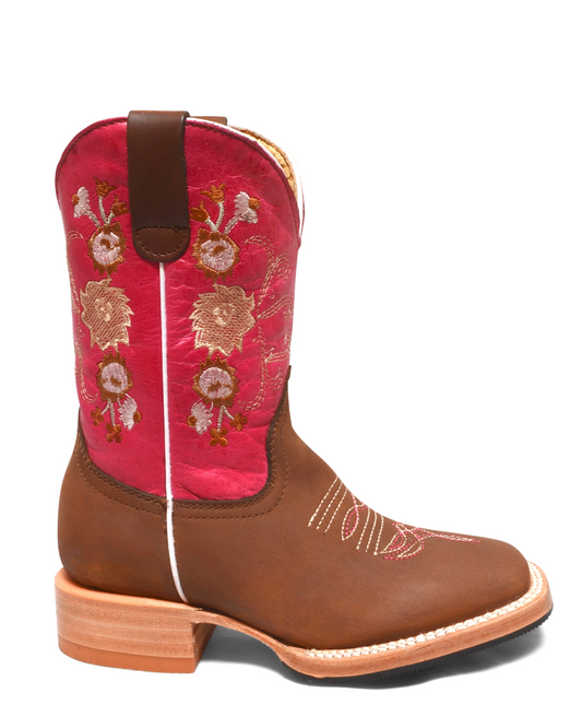 Brown and pink embroidered cowboy boot on a white background