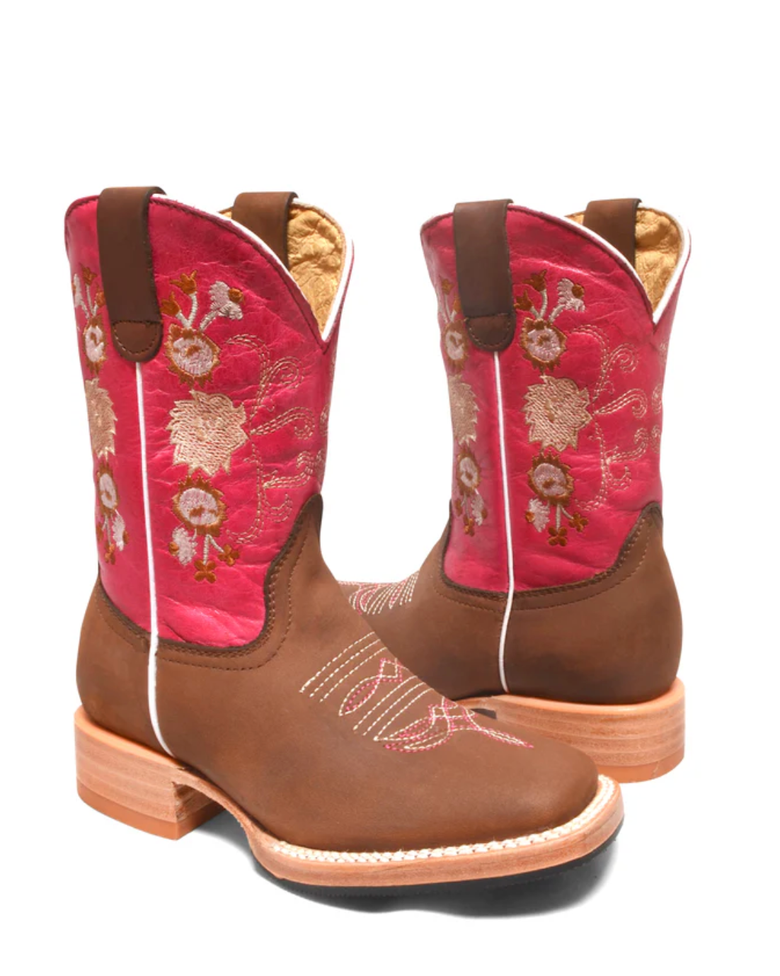 Pair of brown and pink cowboy boots with floral embroidery on a white background