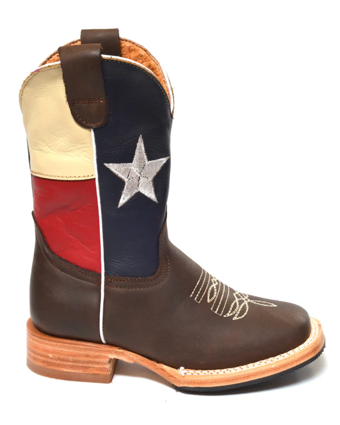Brown cowboy boot with Texas flag design on a white background