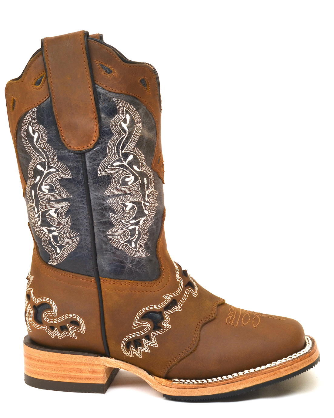 Brown cowboy boot with intricate designs on a white background