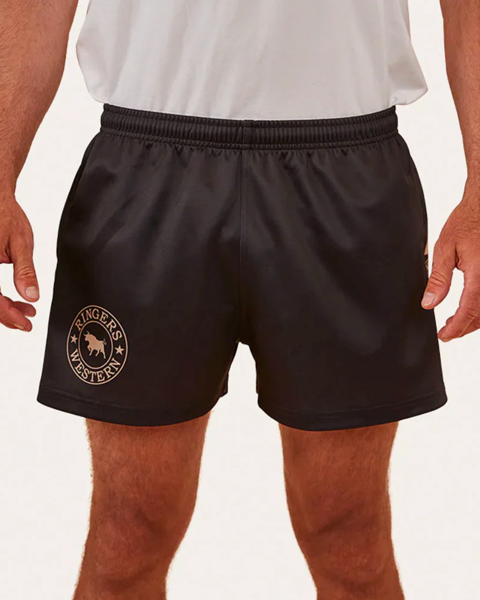 Black shorts with a logo worn by a person on a plain background