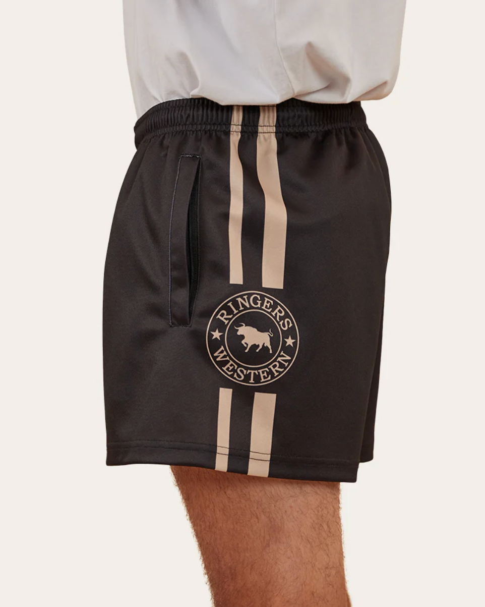 Black shorts with a stripe and logo on a white background