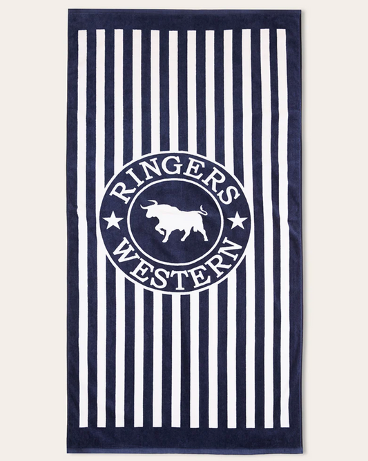Navy and white striped towel with a circular logo featuring a bull and text on a white background