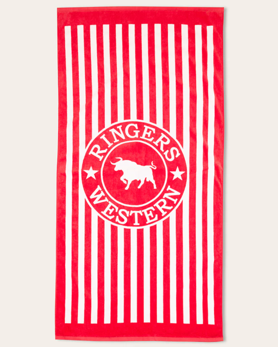 Red and white striped towel with 'Ringers Western' logo on a light gray background
