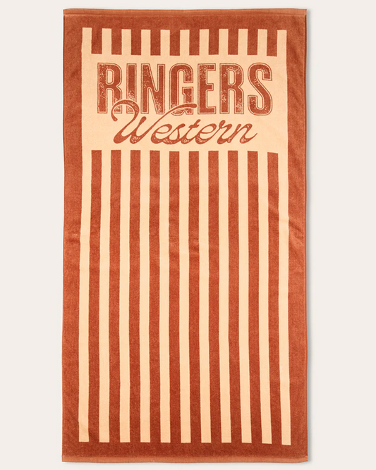 Towel with 'Ringers Western' text on a striped background