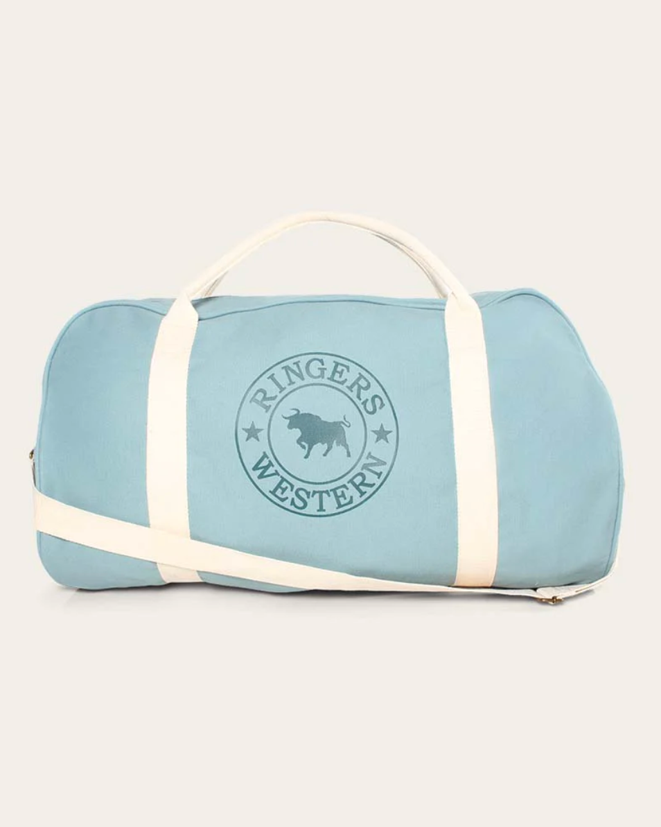 Light blue duffel bag with white straps on a white background