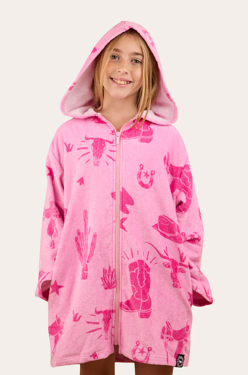 Kids Pink Western patterned hooded zip up towel 