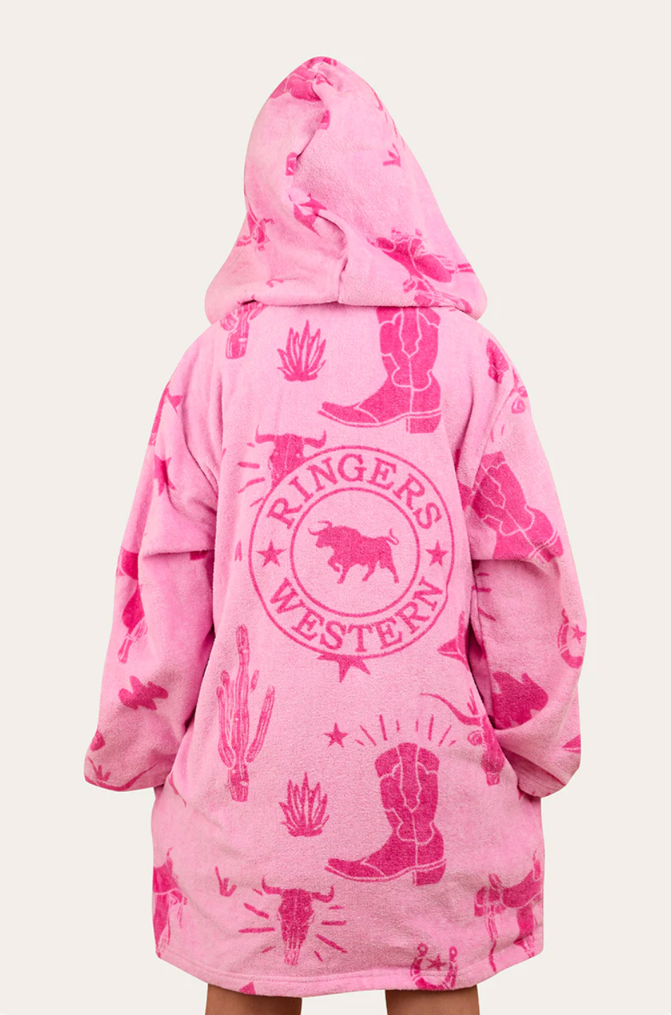 Kids Pink Western patterned hooded zip up towel 