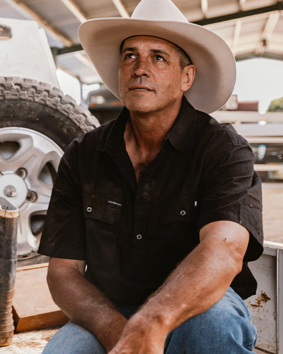 Ringers Western: Pack Saddle Mens Short Sleeve Half Button Work Shirt - Black