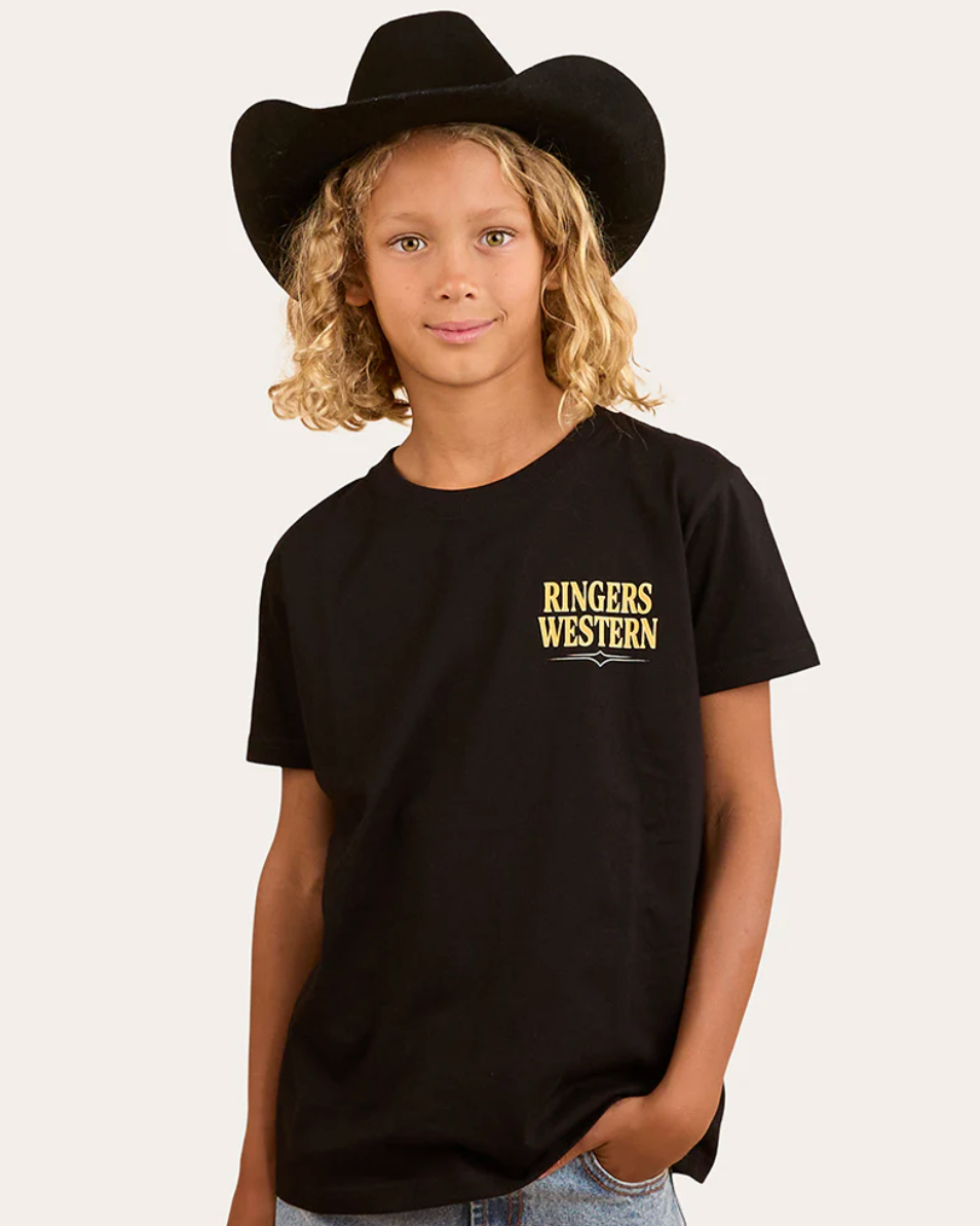 Ringers Western: Kids 100% cotton Workhorse Classic Tee with a truck graphic in black and gold