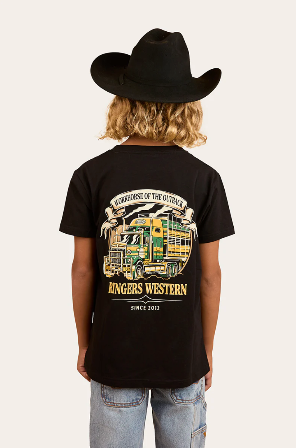 Ringers Western: Kids 100% cotton Workhorse Classic Tee with a truck graphic in black and gold