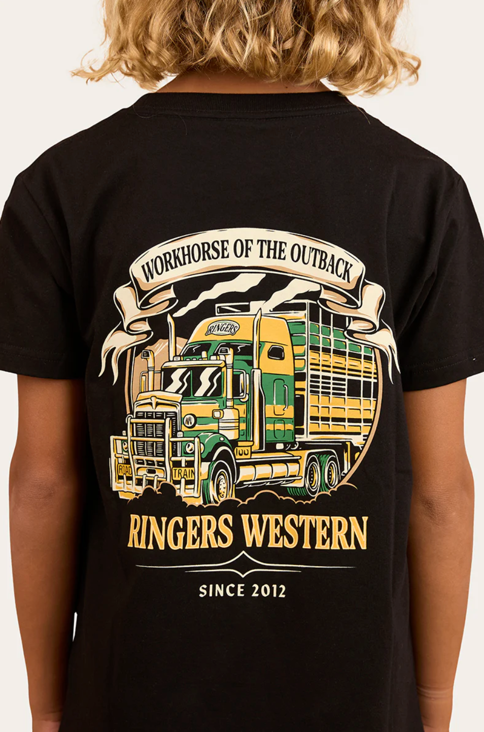 Ringers Western: Kids 100% cotton Workhorse Classic Tee with a truck graphic in black and gold