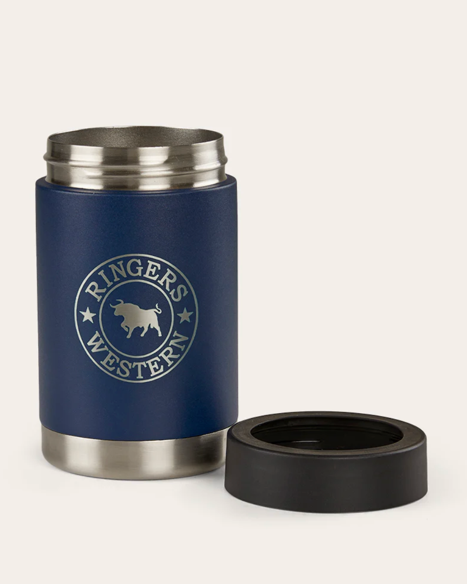 Blue thermos with silver lid and black cap on a white background