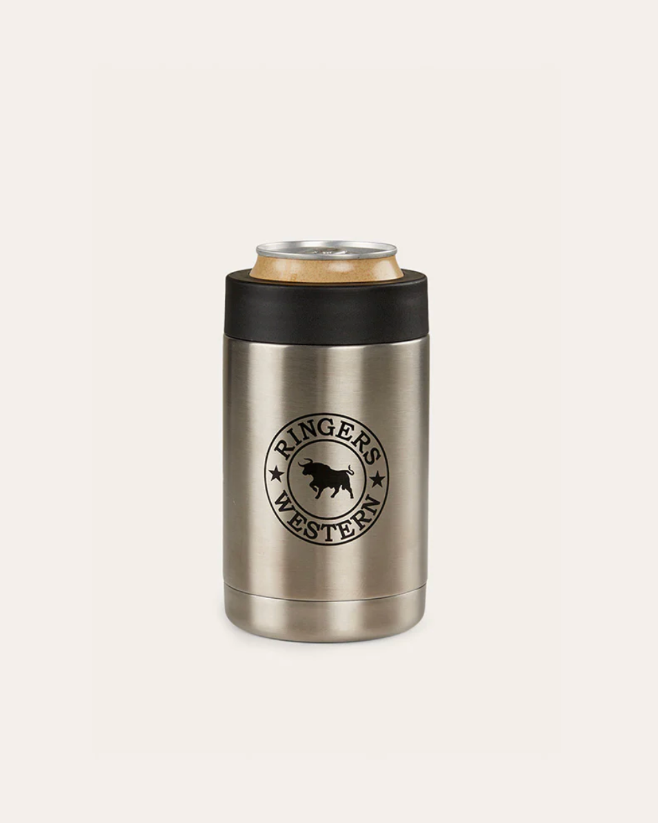 Stainless steel can cooler with black lid featuring a logo on a white background