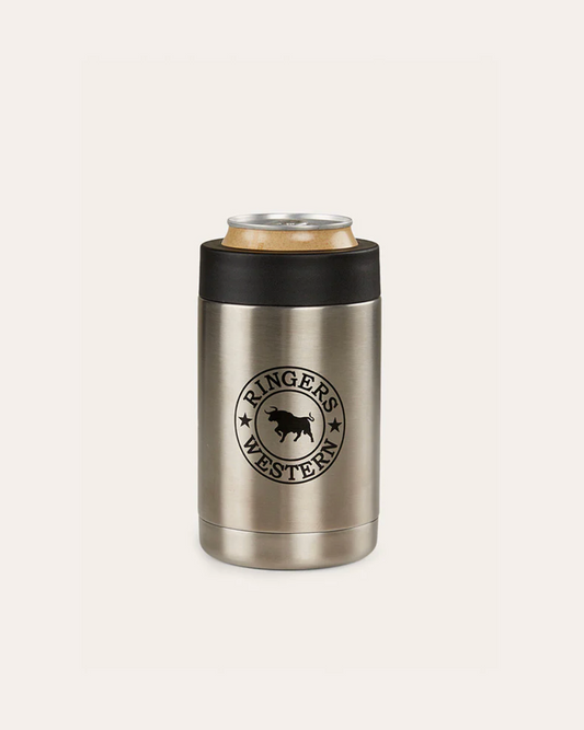 Stainless steel can cooler with black lid featuring a logo on a white background