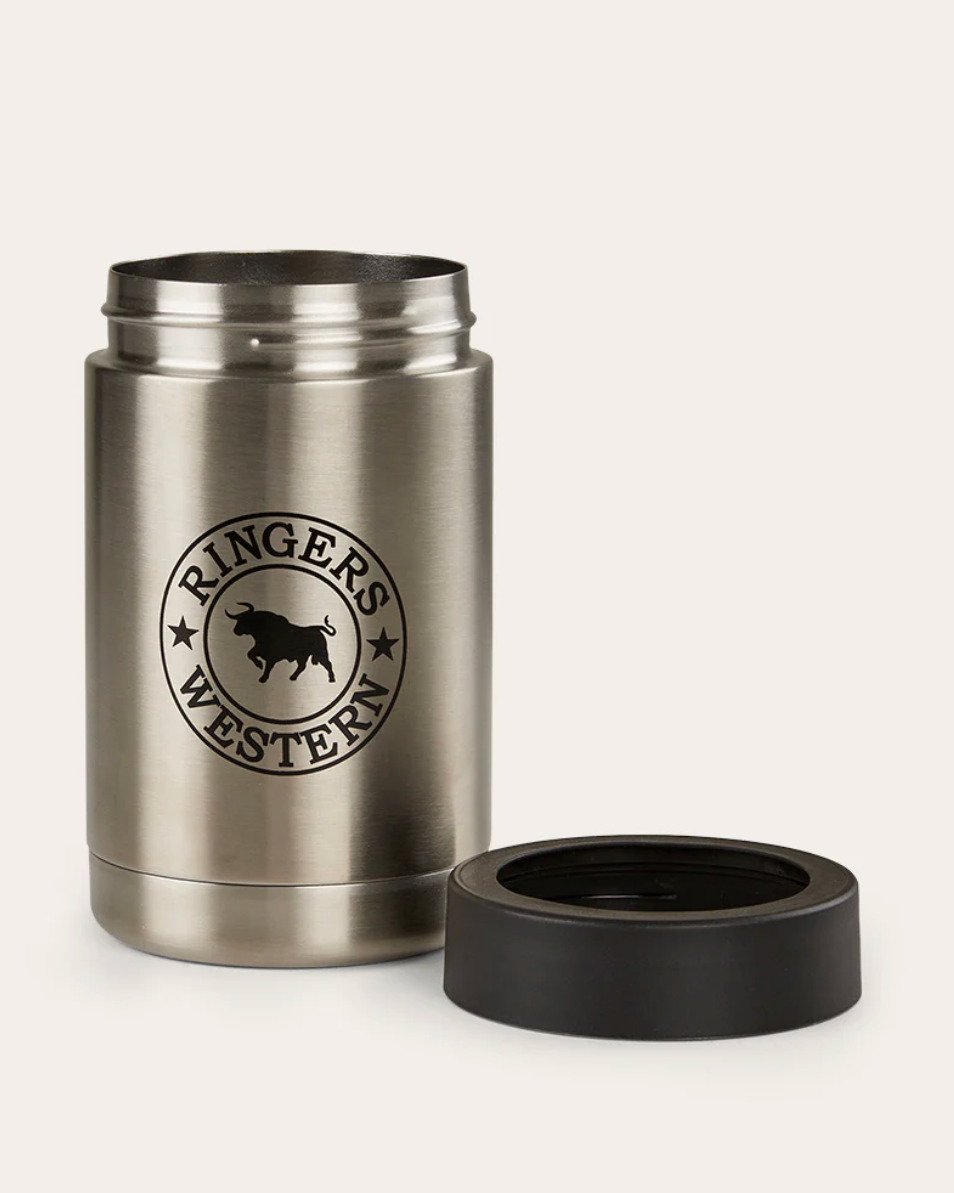 Stainless steel food jar with black lid and 'Ringers Western' logo on a white background