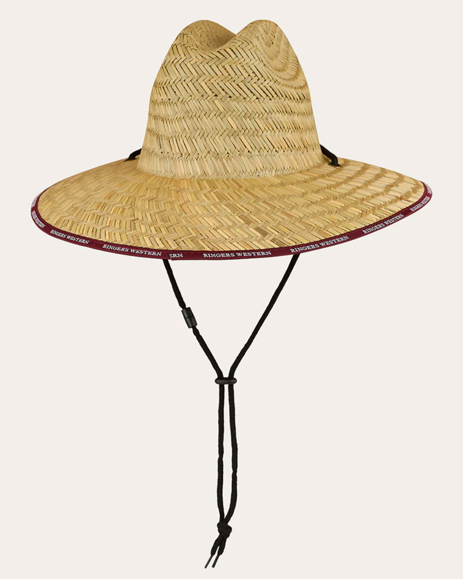 Straw hat with a wide brim on a white background