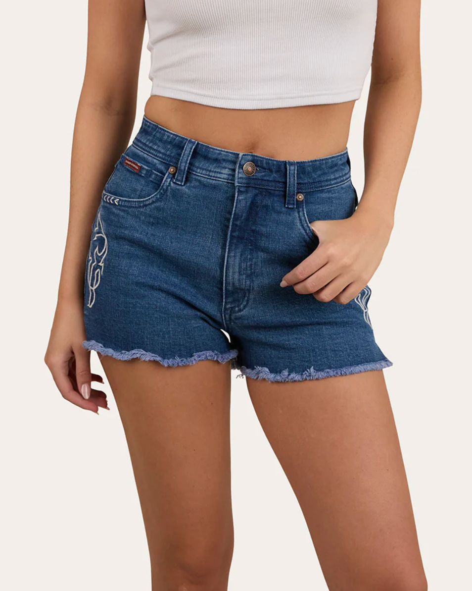 Person wearing blue denim shorts on a white background