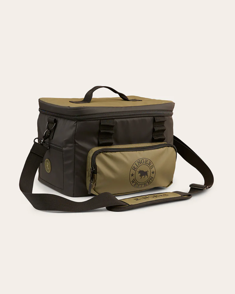 Two-toned cooler bag with a brand logo on a light beige background
