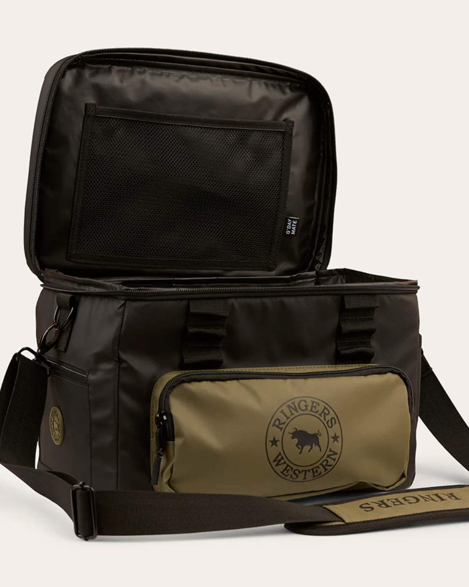 Black and olive green bag with a visible brand logo on a white background