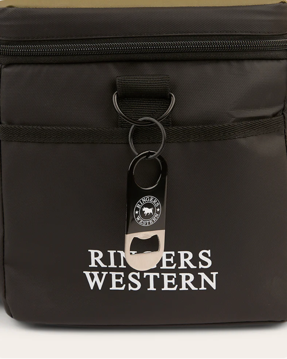 Black cooler bag with a bottle opener and 'Rivers Western' branding on a white background