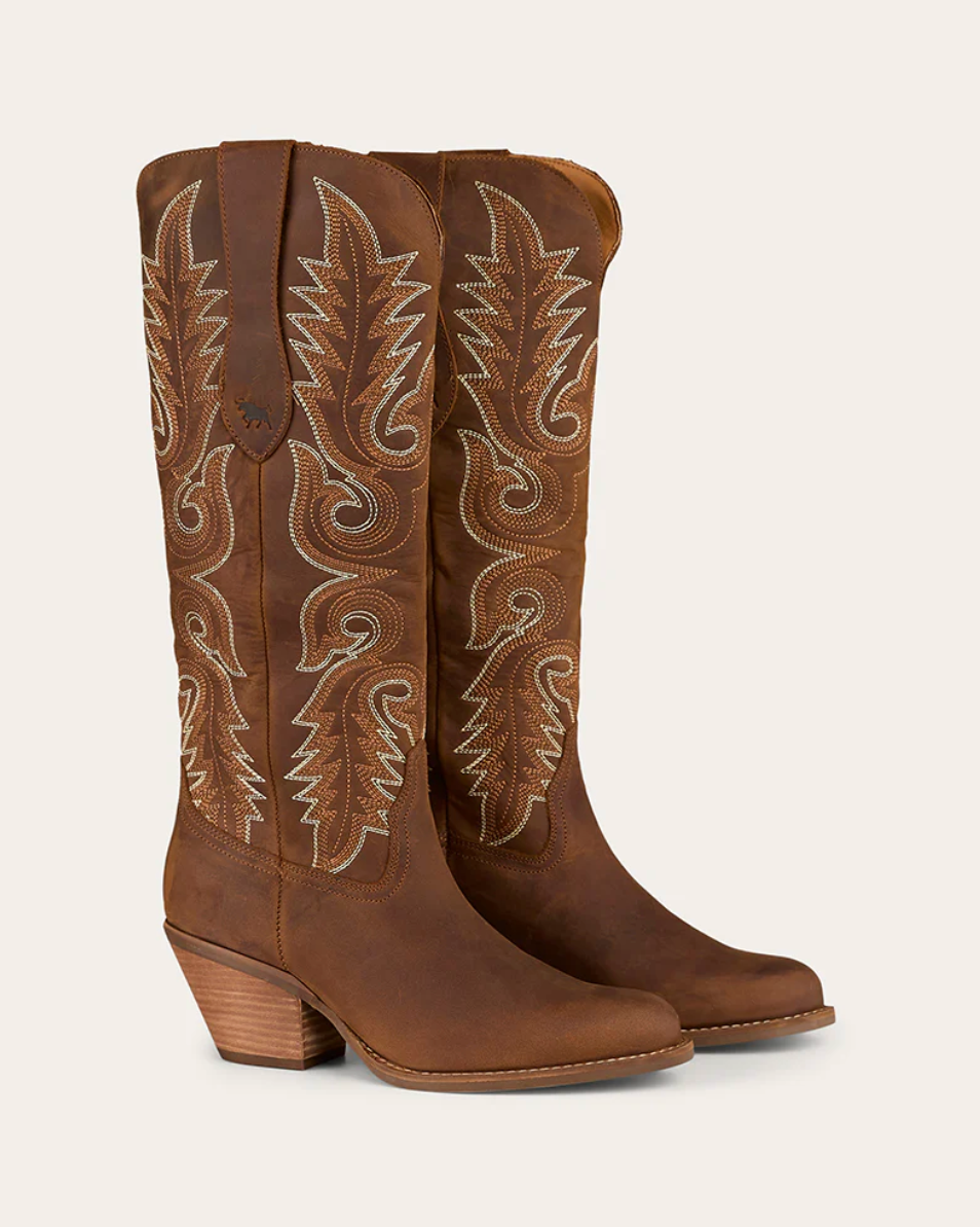 Pair of brown cowboy boots with intricate stitching on a white background
