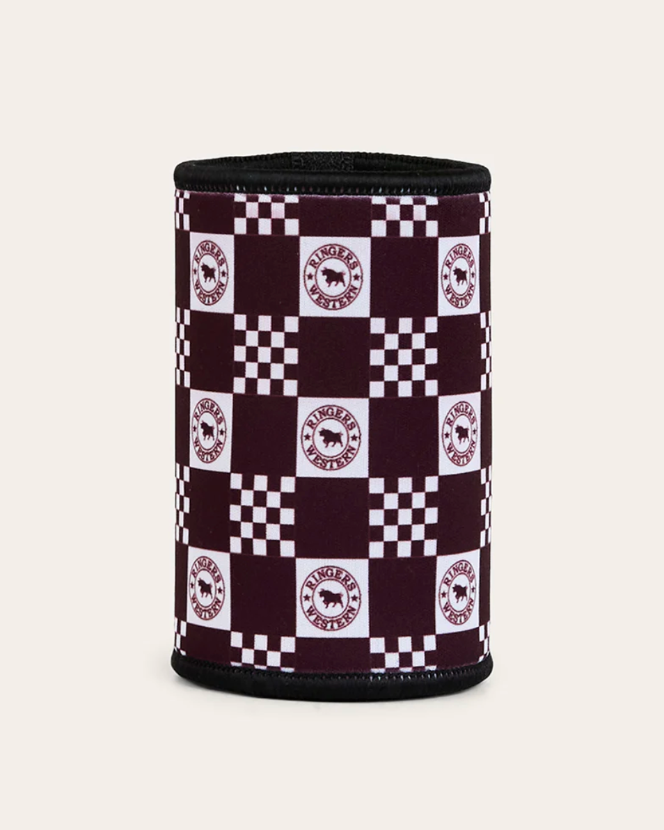 Styrofoam cooler with checkered pattern and logo on a beige background