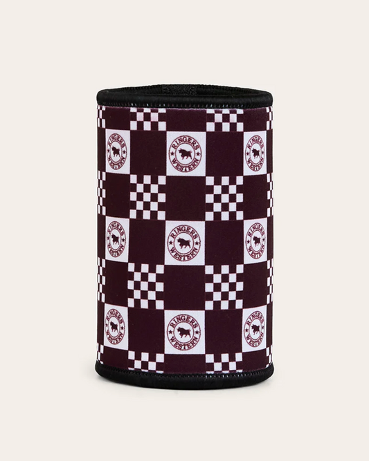 Styrofoam cooler with checkered pattern and logo on a beige background