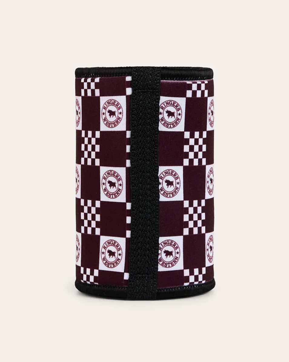 Checkered cylindrical product with brand logo on a white background
