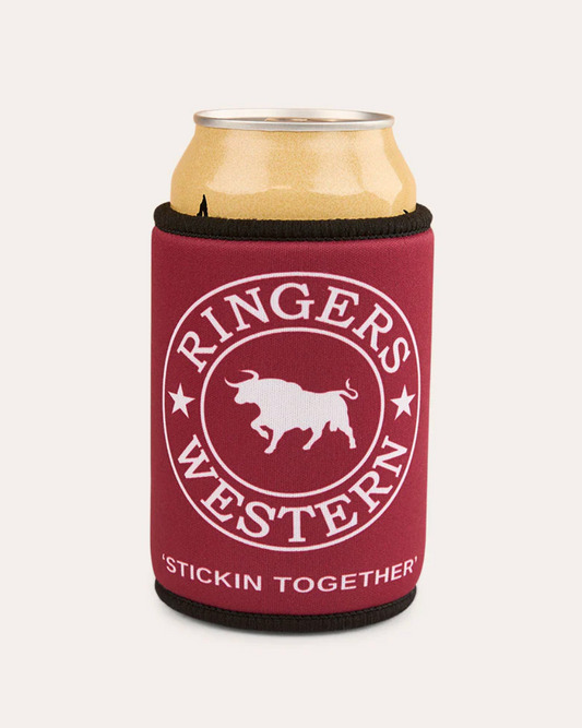 Red can cooler with 'Ringers Western' logo holding a beer can on a white background