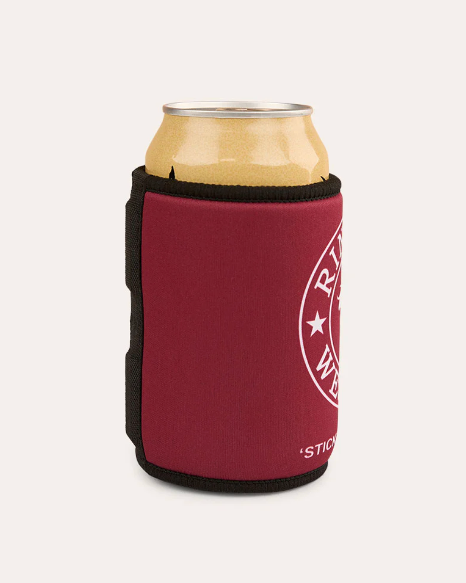 Maroon can cooler with a logo on a white background