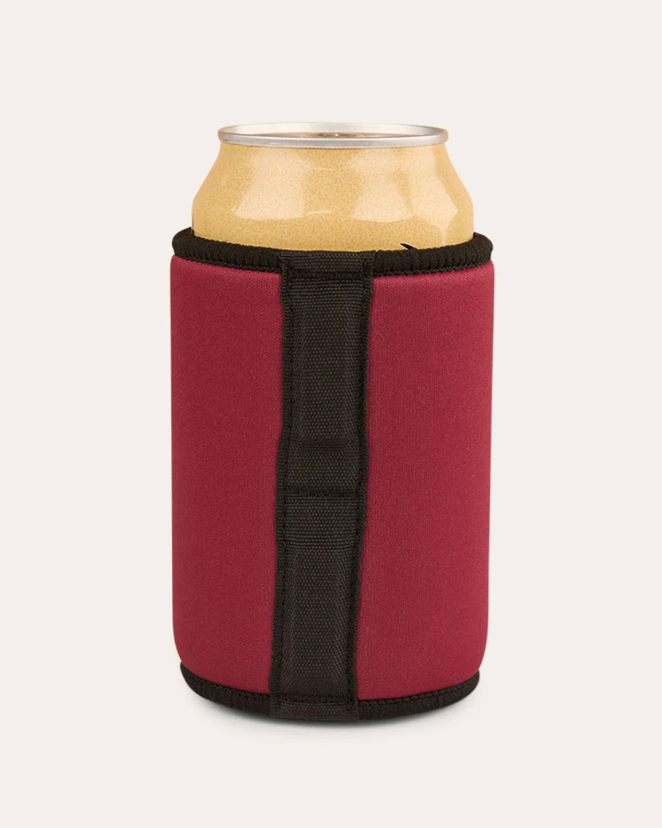 Can with a red and black can cooler on a white background