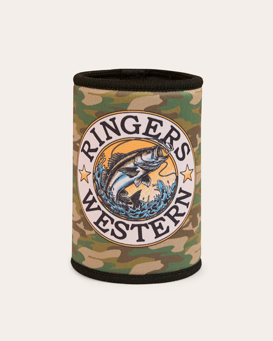 Camouflage can cooler with Ringers Western logo on a white background
