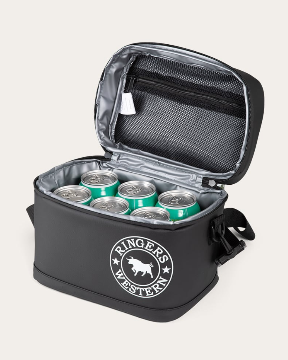 Black cooler bag with 'Ringer's Western' logo containing green cans on a white background
