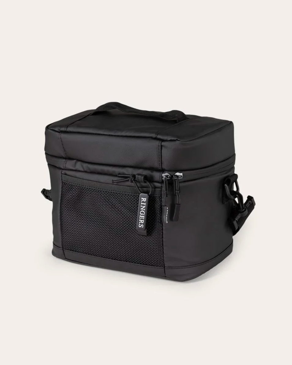 Black cooler bag with a visible brand logo on a light gray background