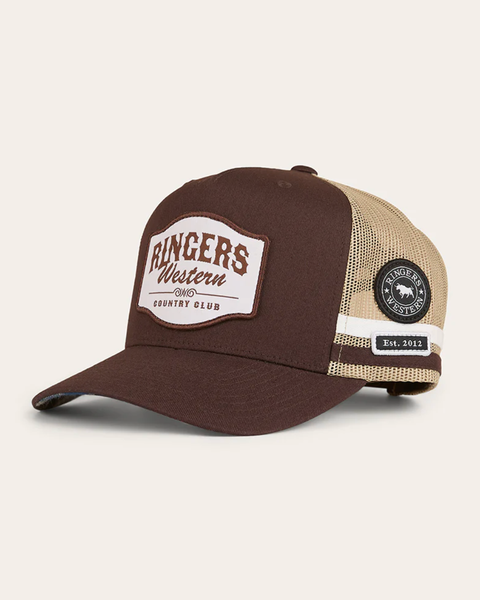 Brown and beige cap with 'Rangers Western Country Club' logo on a white background
