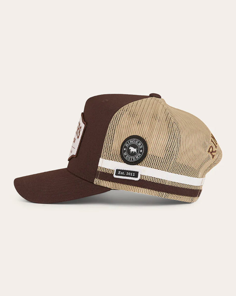 Two baseball caps, one brown and one beige with a logo, on a white background