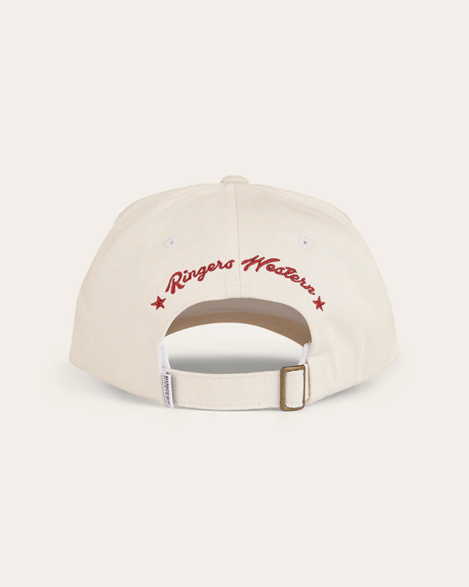 Beige cap with red text on a white background