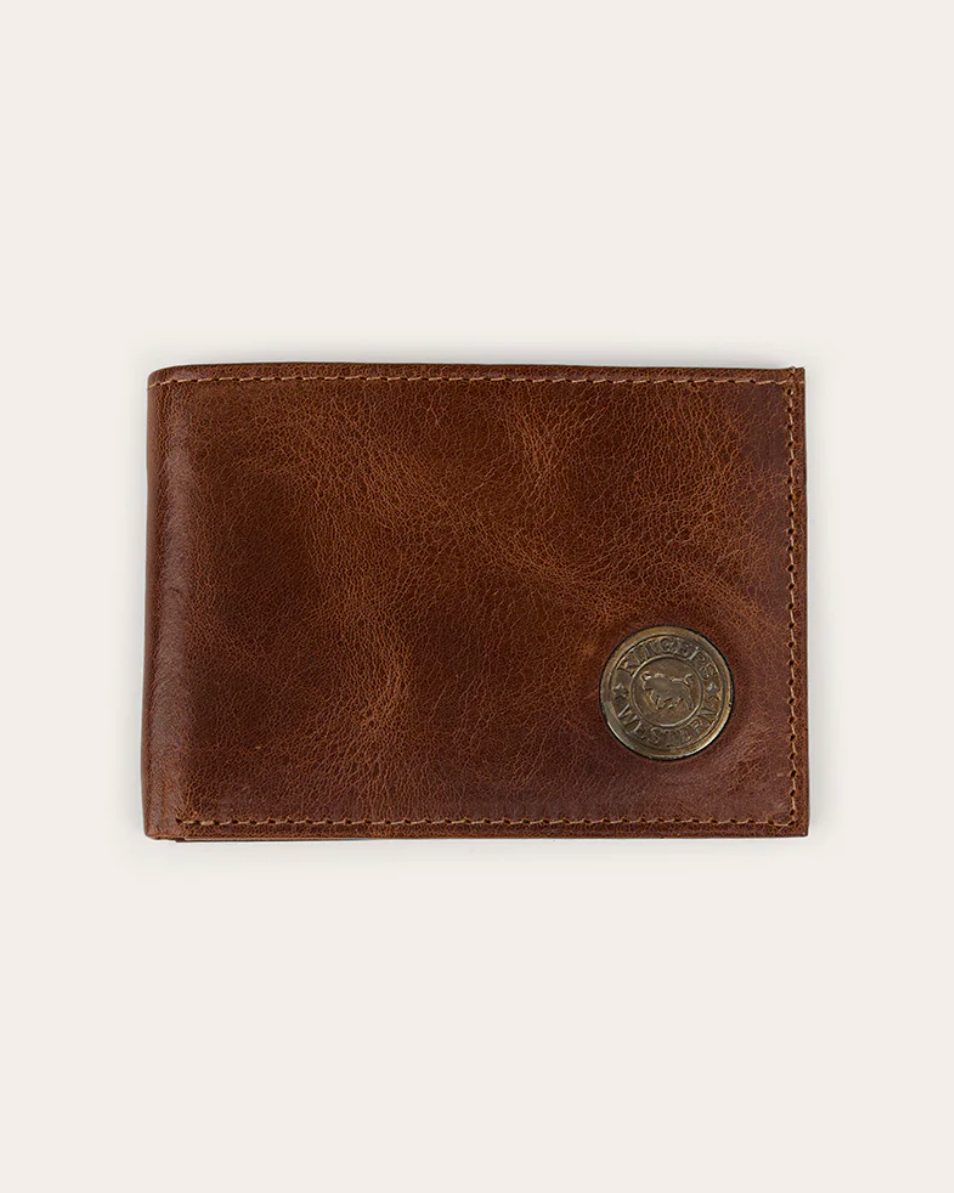 Brown leather wallet with a metal button on a white background