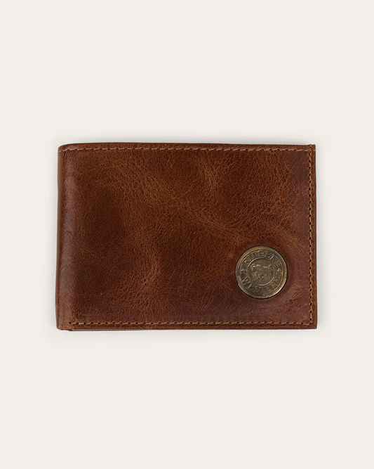 Brown leather wallet with a metal button on a white background