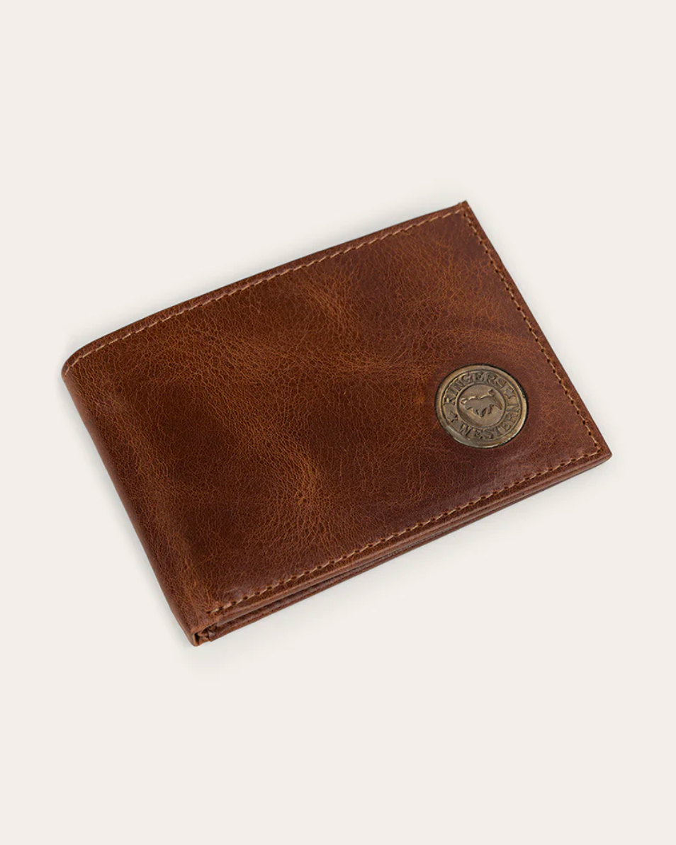 Brown leather wallet with a metal emblem on a white background