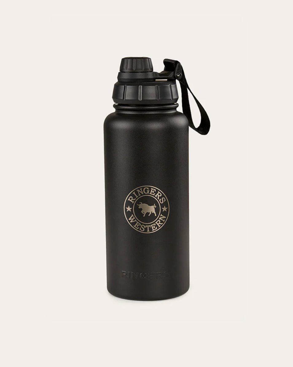 Black water bottle with a logo on a white background