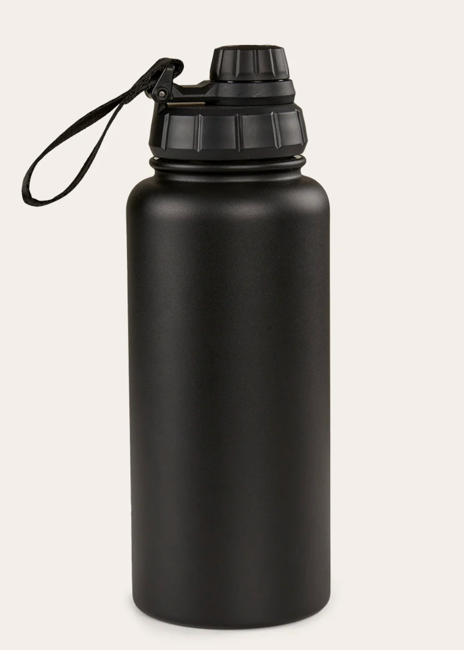 Black water bottle with a black lid on a white background