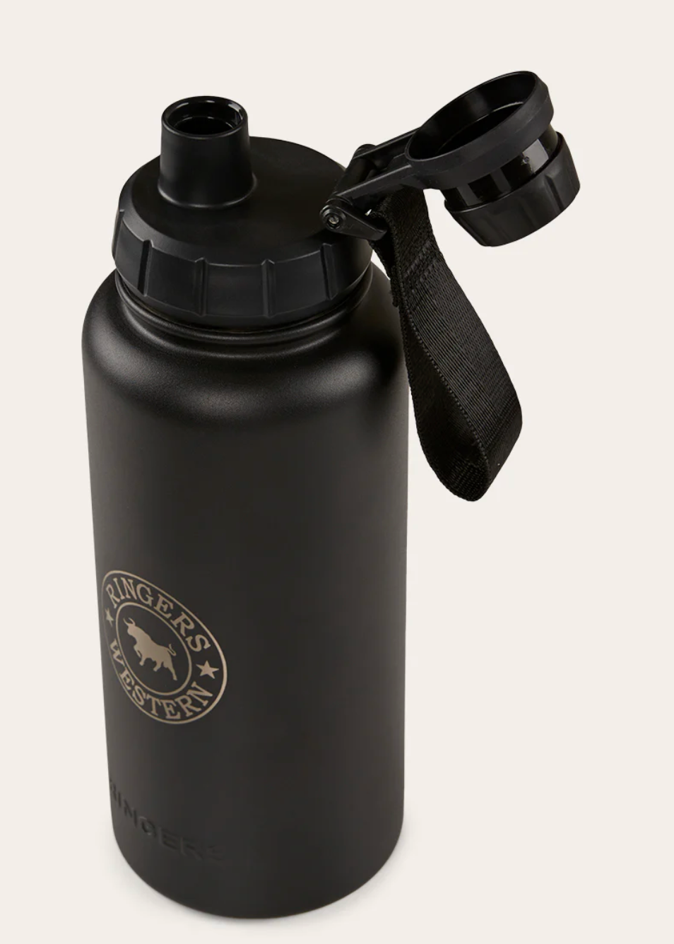 Black water bottle with a logo on a white background
